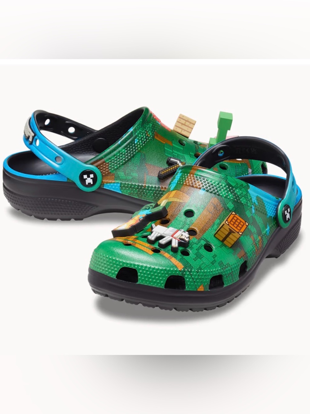 Men Green Pixel-Print Clog Sandals with Blue Strap size 12